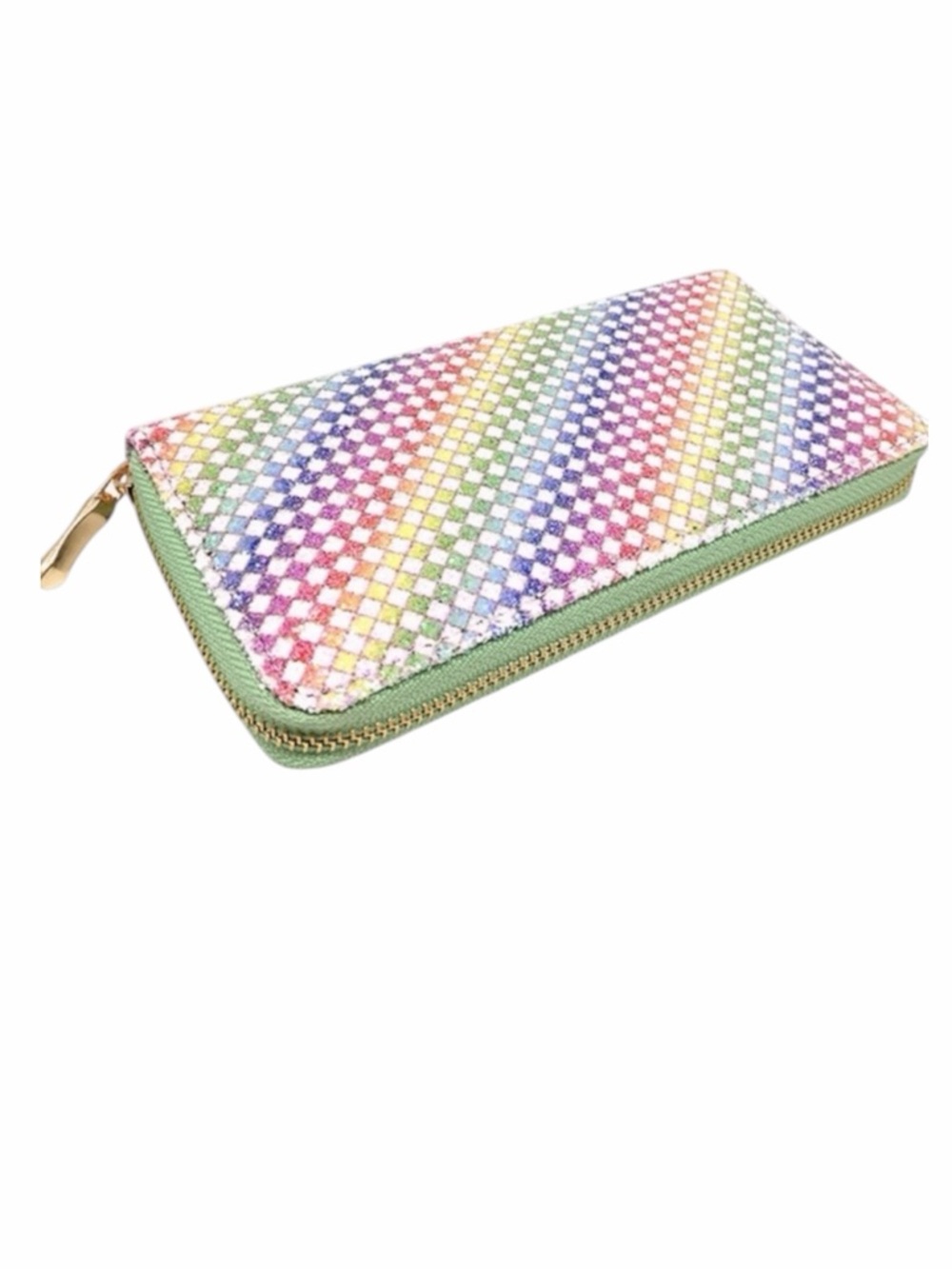 Colorful Rainbow Checkered Long Pale Green Zipper Wallet New
